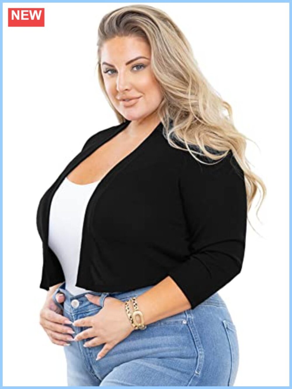 Plus Size Shrug 3/4 Sleeve Lightweight Open Front Knit Cropped Bolero Cardigan